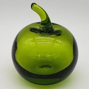 Vintage Viking Glass Solid Green Apple and Stem Blown Art Glass Paperweight